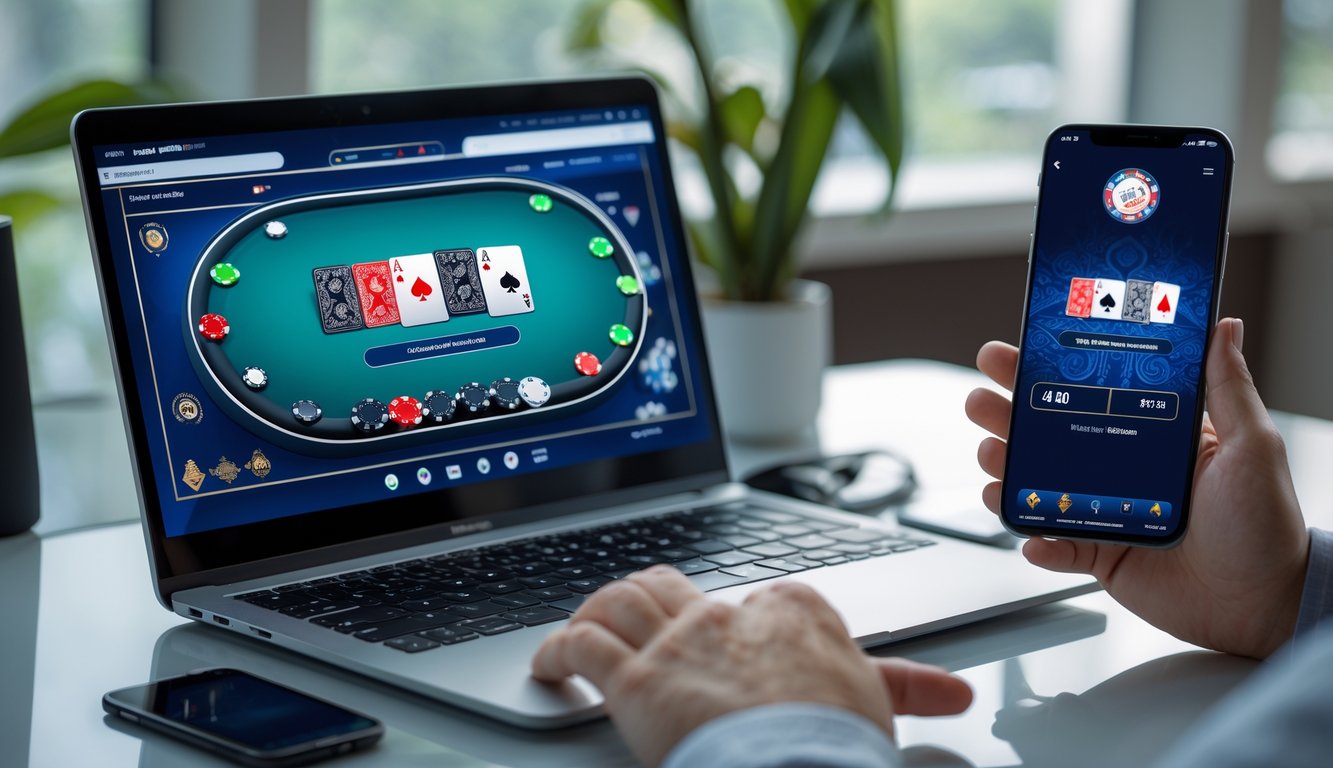 Seorang pengguna sedang bermain poker online di laptop dan smartphone dengan latar belakang elemen budaya Indonesia.