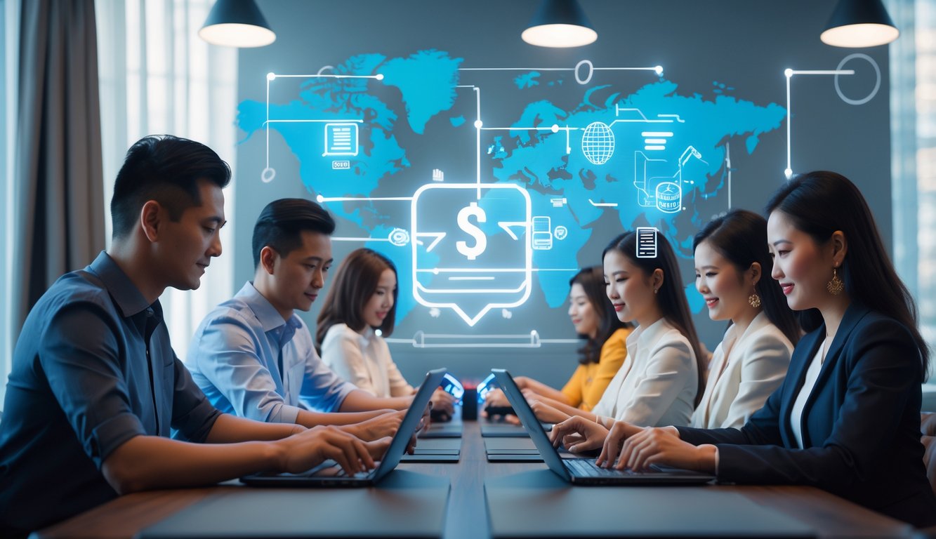 Beberapa orang dewasa bermain poker online menggunakan perangkat digital di ruangan modern dengan latar belakang yang menunjukkan transaksi aman tanpa potongan.