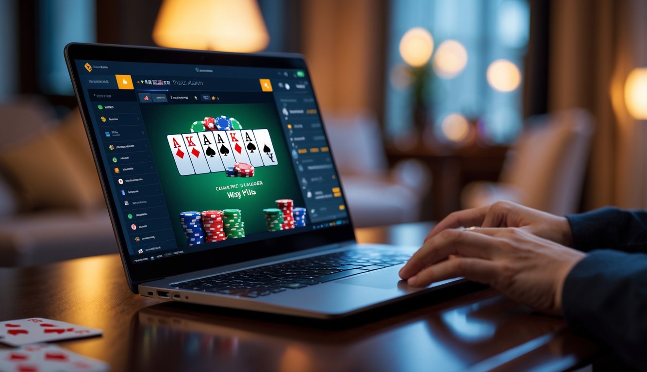 Seseorang sedang bermain poker online di laptop dengan chip dan kartu poker terlihat di layar, di dalam ruangan yang nyaman dan terang.