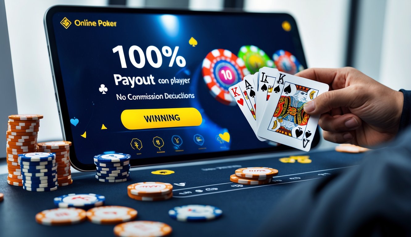 Seorang pemain poker online sedang memegang kartu pemenang di depan layar komputer dengan tumpukan chip poker.