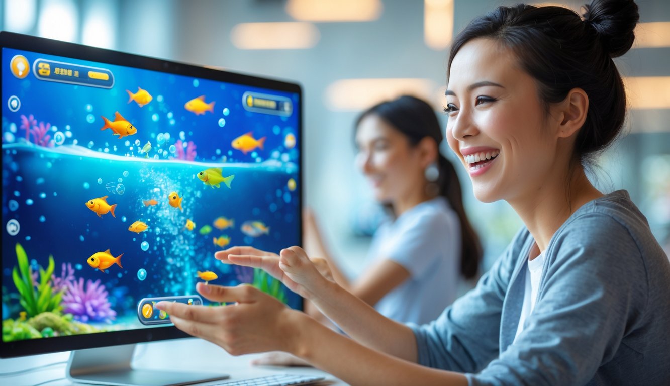 Seseorang yang antusias sedang bermain permainan tembak ikan di komputer dengan layar penuh warna dan grafik bawah laut.