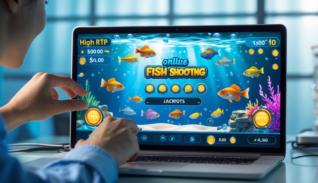 Tampilan layar permainan judi tembak ikan dengan grafik ikan berwarna-warni di latar bawah laut dan tangan seseorang yang sedang bermain.