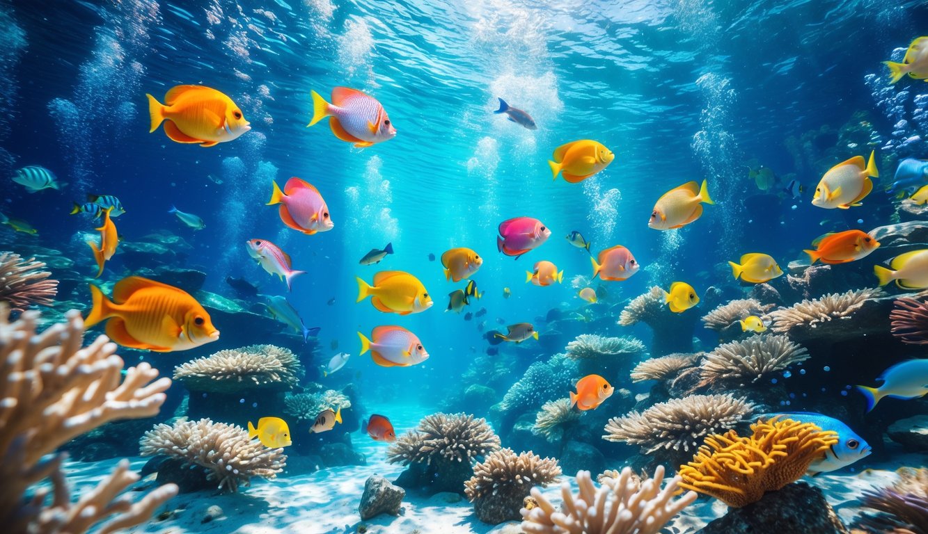 Pemandangan bawah laut dengan berbagai ikan tropis berwarna-warni berenang di sekitar terumbu karang.