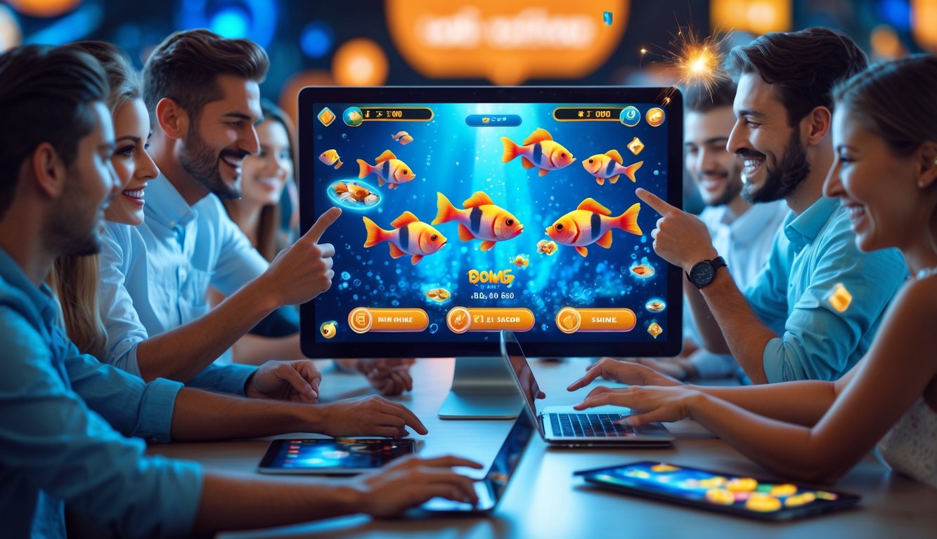 Orang-orang bermain permainan tembak ikan secara online dengan layar penuh warna dan efek cahaya di ruangan modern.