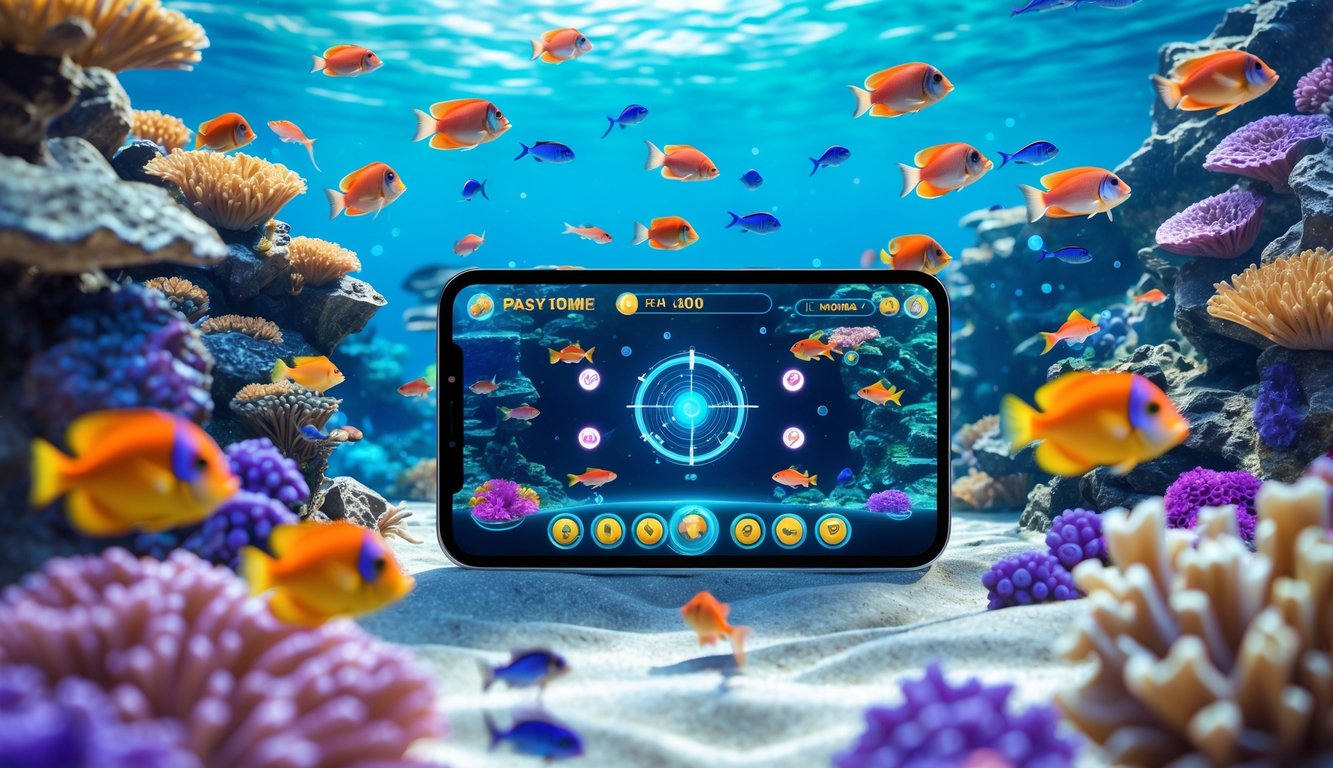 Layar perangkat modern menampilkan permainan tembak ikan dengan latar bawah laut penuh ikan berwarna-warni dan terumbu karang.
