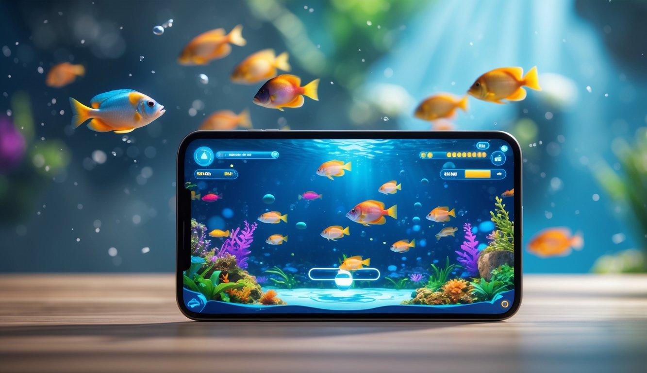 Layar perangkat digital menampilkan permainan tembak ikan dengan ikan warna-warni di bawah laut.