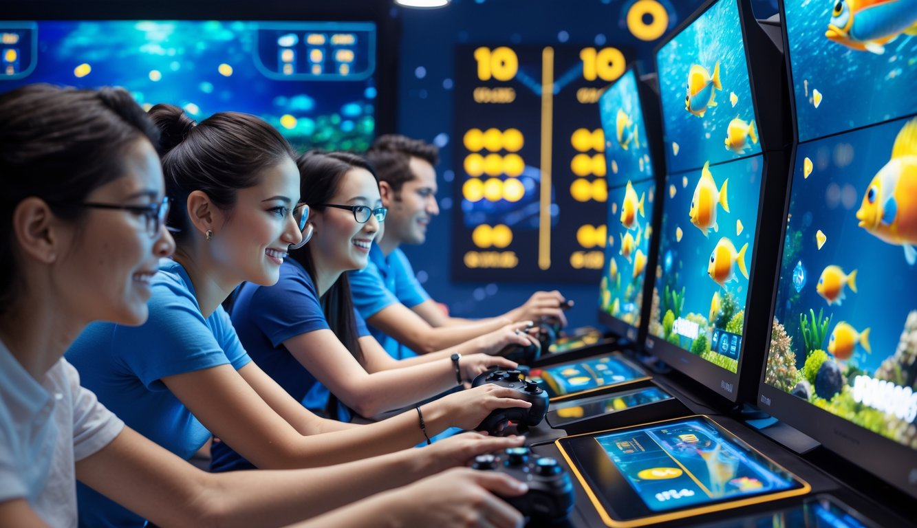 Orang-orang sedang bermain game tembak ikan di depan layar komputer dengan latar bawah laut berwarna-warni.