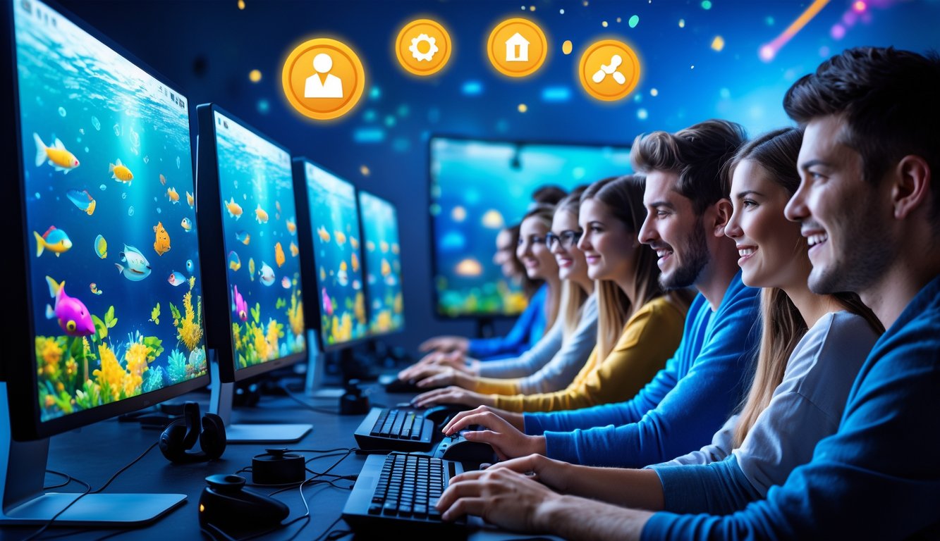 Sekelompok orang muda bermain permainan tembak ikan di komputer dengan latar belakang warna-warni dan suasana yang cerah.