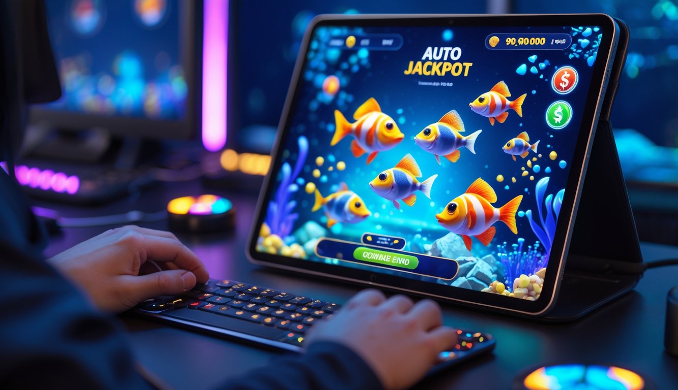 Seorang pemain sedang menggunakan perangkat dengan tampilan permainan tembak ikan berwarna-warni di layar.