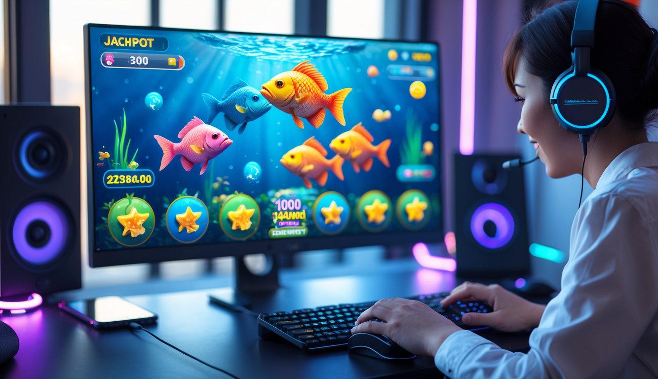 Seorang pria fokus bermain permainan tembak ikan di komputer dengan latar ruang kerja modern dan peralatan gaming.