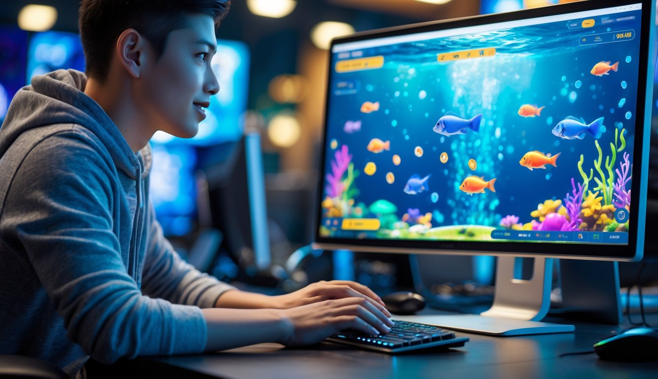 Seseorang sedang bermain permainan tembak ikan online di komputer dengan latar belakang grafis ikan berwarna-warni dan suasana yang profesional.