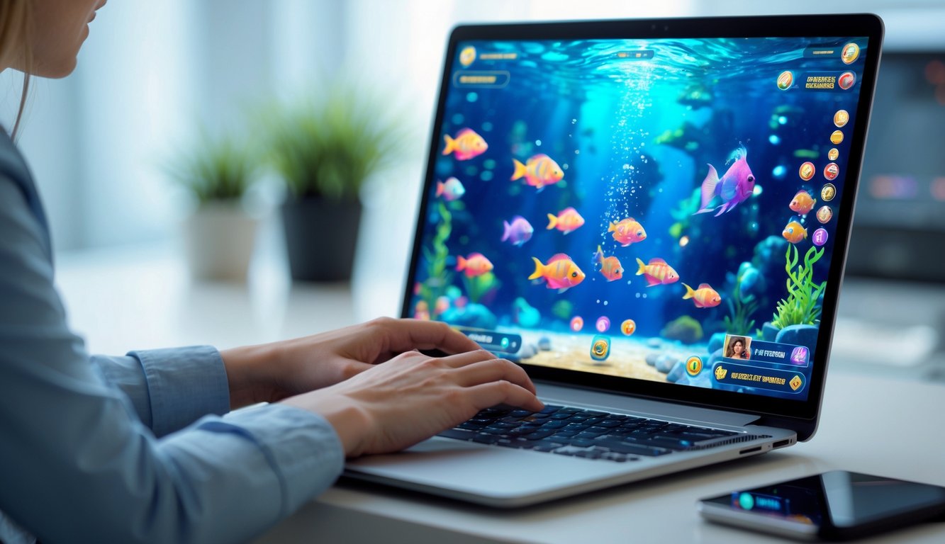 Seseorang memainkan permainan tembak ikan online di komputer dengan latar belakang meja kerja yang rapi.