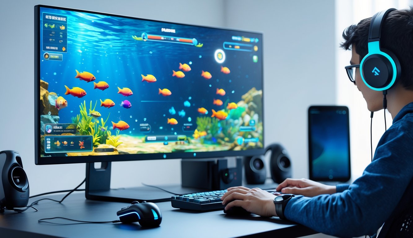 Seseorang sedang bermain game tembak ikan di komputer dengan layar menampilkan ikan-ikan berwarna-warni di bawah laut.