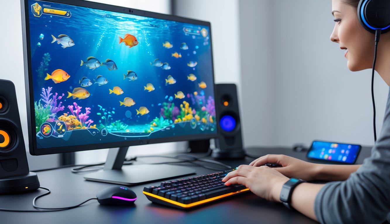 Seseorang bermain game tembak ikan di komputer dengan layar menampilkan ikan-ikan berwarna-warni di bawah laut.