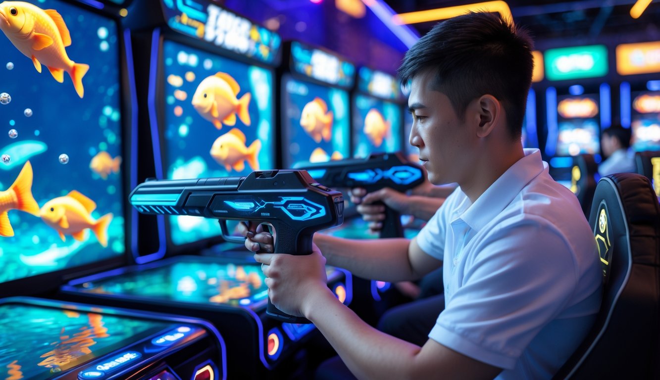 Seorang pemain fokus menggunakan senjata tembak ikan di pusat permainan dengan layar digital dan lampu warna-warni.
