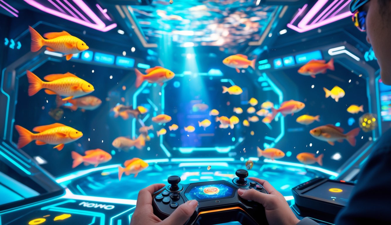 Seseorang sedang bermain permainan tembak ikan di perangkat digital dengan latar belakang ikan warna-warni dan efek cahaya yang cerah.