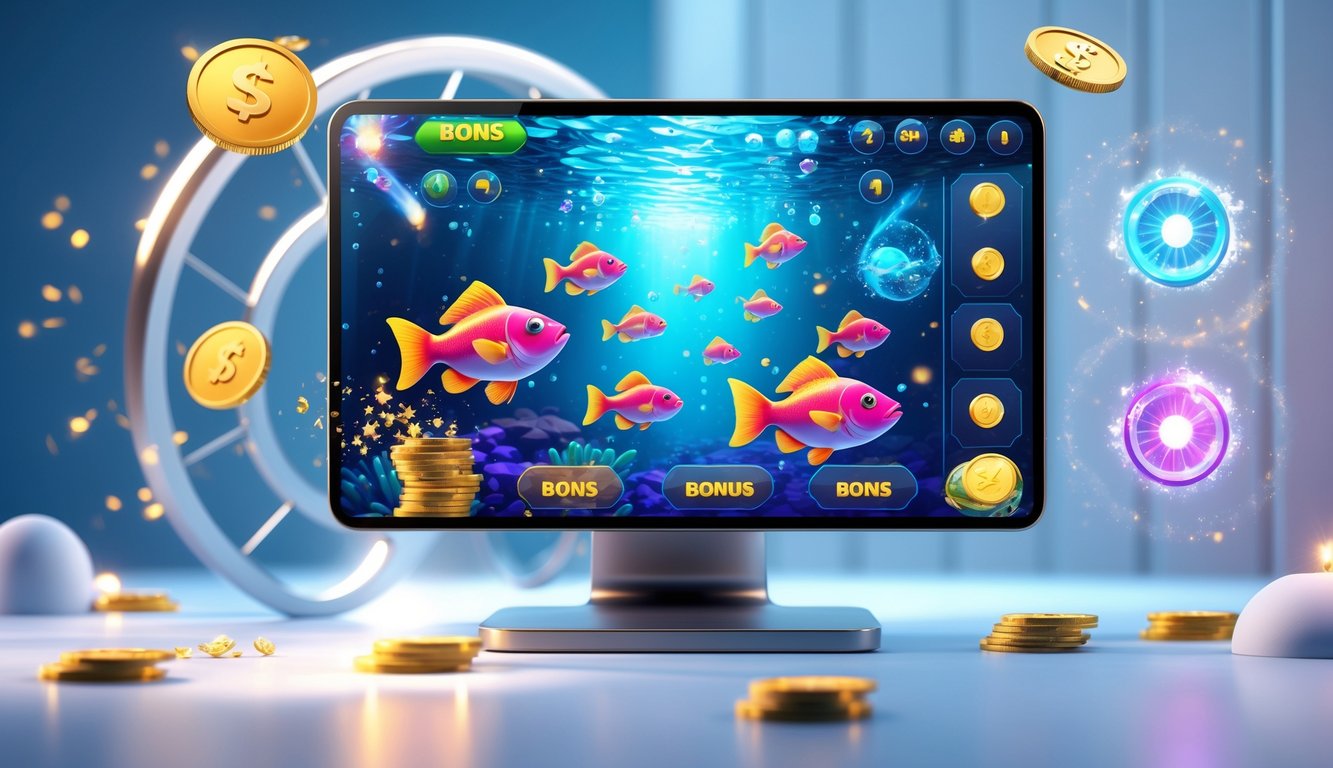 Seseorang sedang bermain game tembak ikan di layar perangkat dengan gambar ikan berwarna-warni dan efek bonus di sekitarnya.