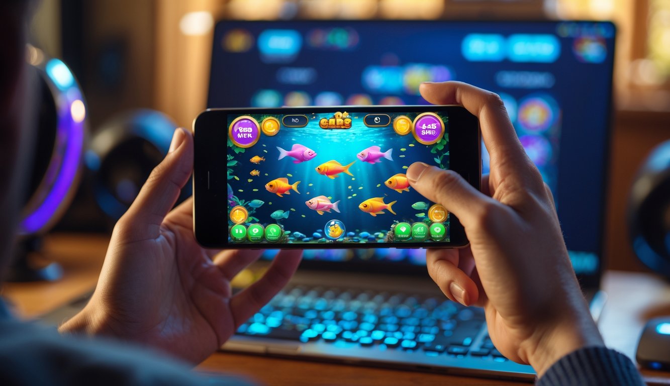 Seseorang memegang ponsel yang menampilkan permainan tembak ikan dengan ikan berwarna-warni dan ikon bonus di layar, di meja kayu dengan laptop dan aksesori permainan di latar belakang.