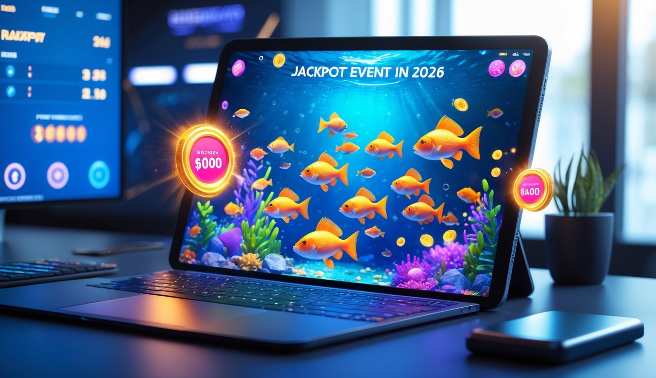Sebuah layar komputer menampilkan permainan tembak ikan dengan ikan-ikan berwarna cerah dan ikon jackpot yang bersinar, menggambarkan suasana event jackpot besar tahun 2026.