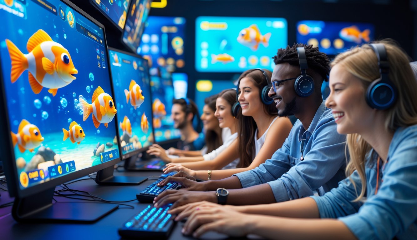 Orang-orang muda sedang bermain permainan tembak ikan di komputer dengan grafis bawah laut yang penuh warna dan suasana kompetisi yang seru.