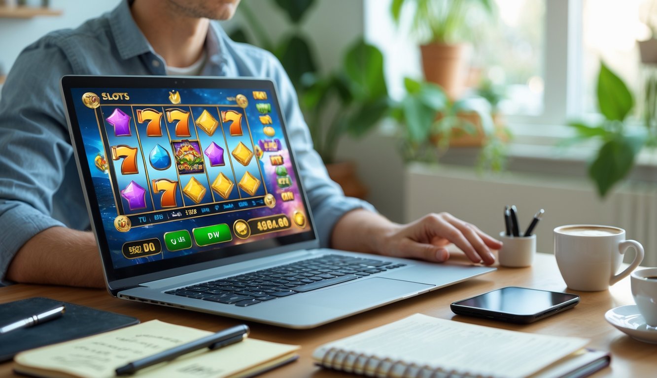 Seorang dewasa muda bermain permainan slot online di laptop di ruang kerja rumah yang nyaman dengan cahaya alami dan tanaman hijau.