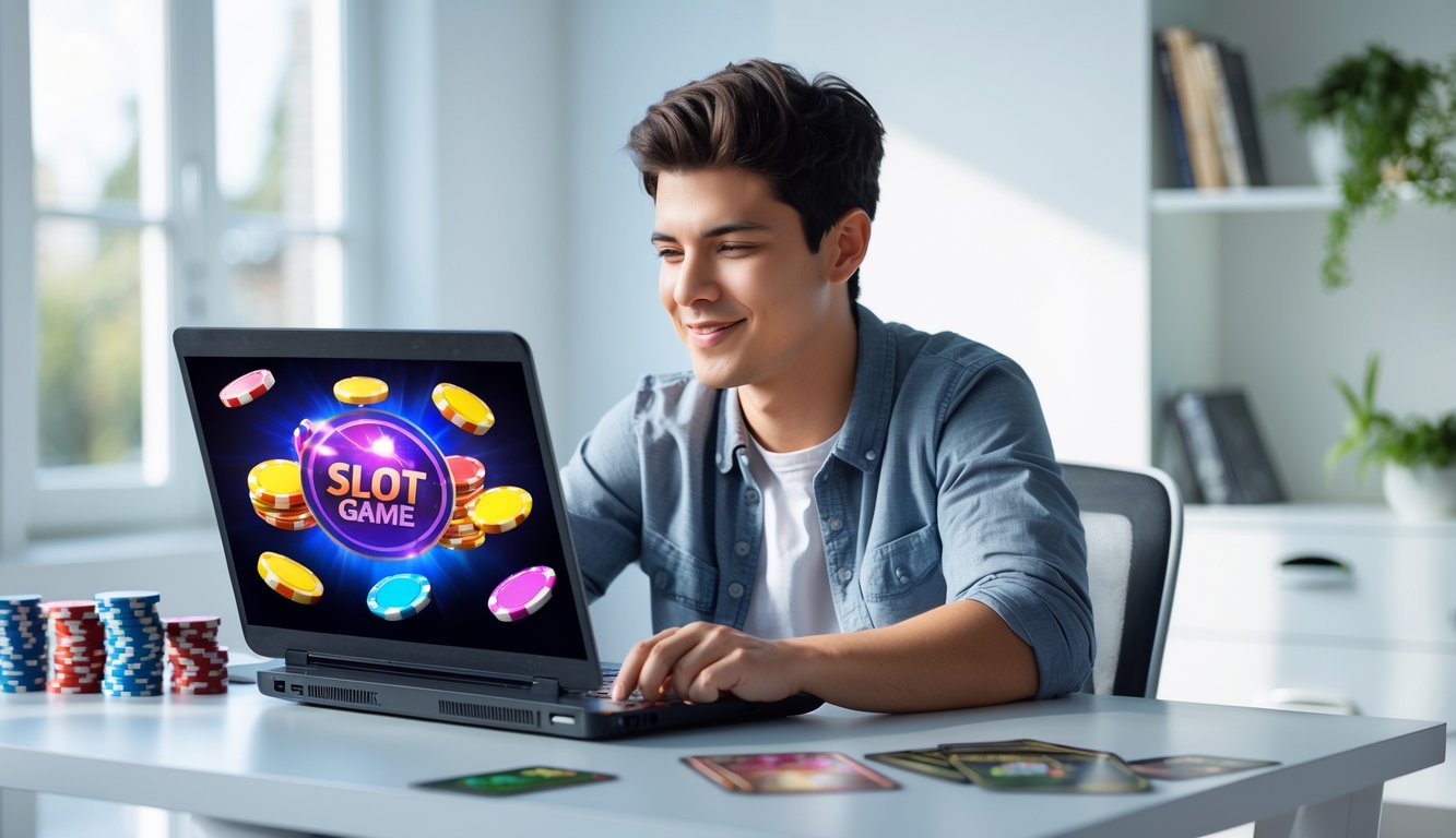 Seseorang duduk di meja dengan laptop yang menampilkan permainan slot online, terlihat fokus dan percaya diri dalam suasana ruang kerja yang rapi.