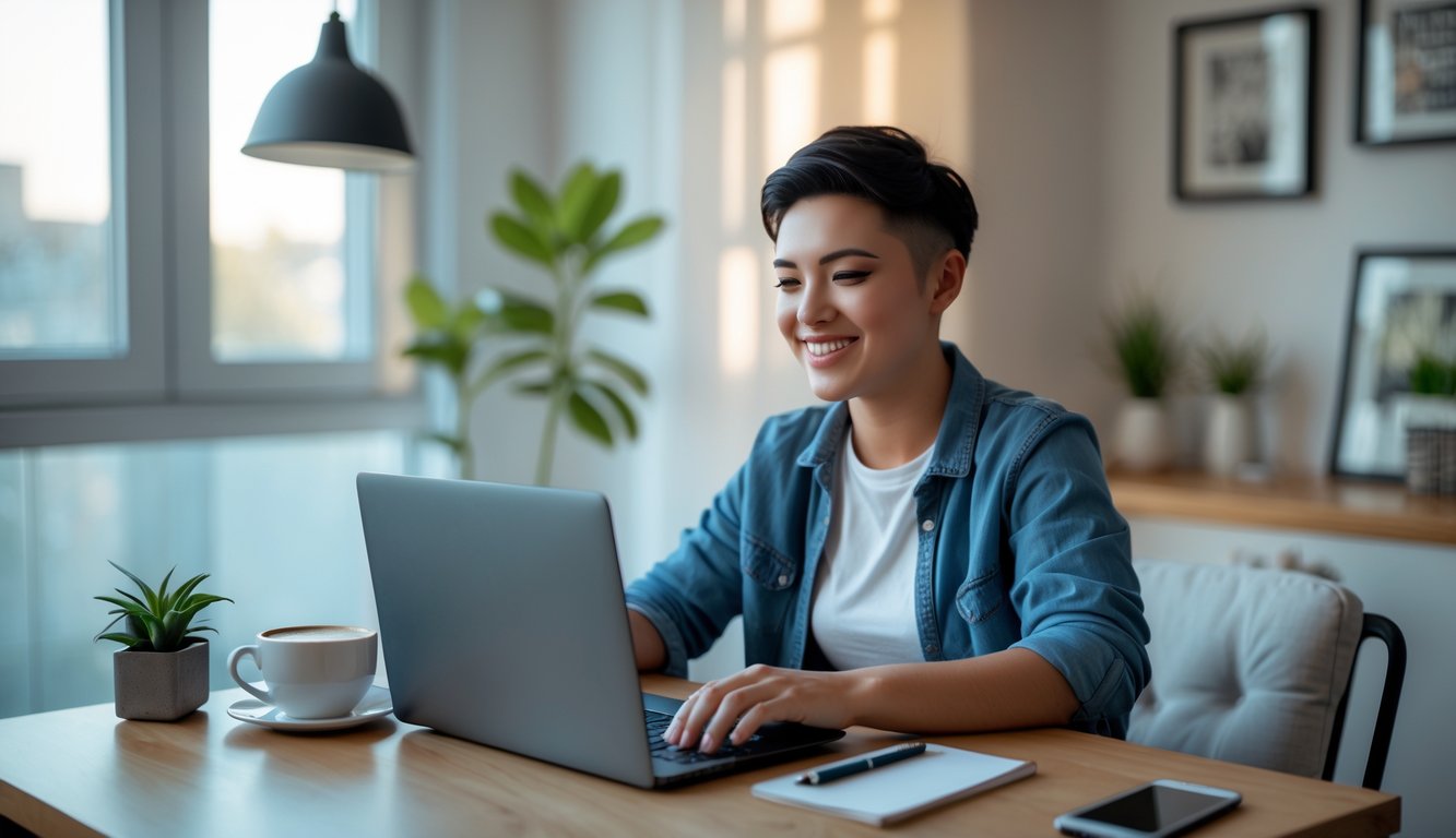 Seorang pemula sedang bermain permainan slot online di laptop di dalam ruangan yang nyaman dan rapi.