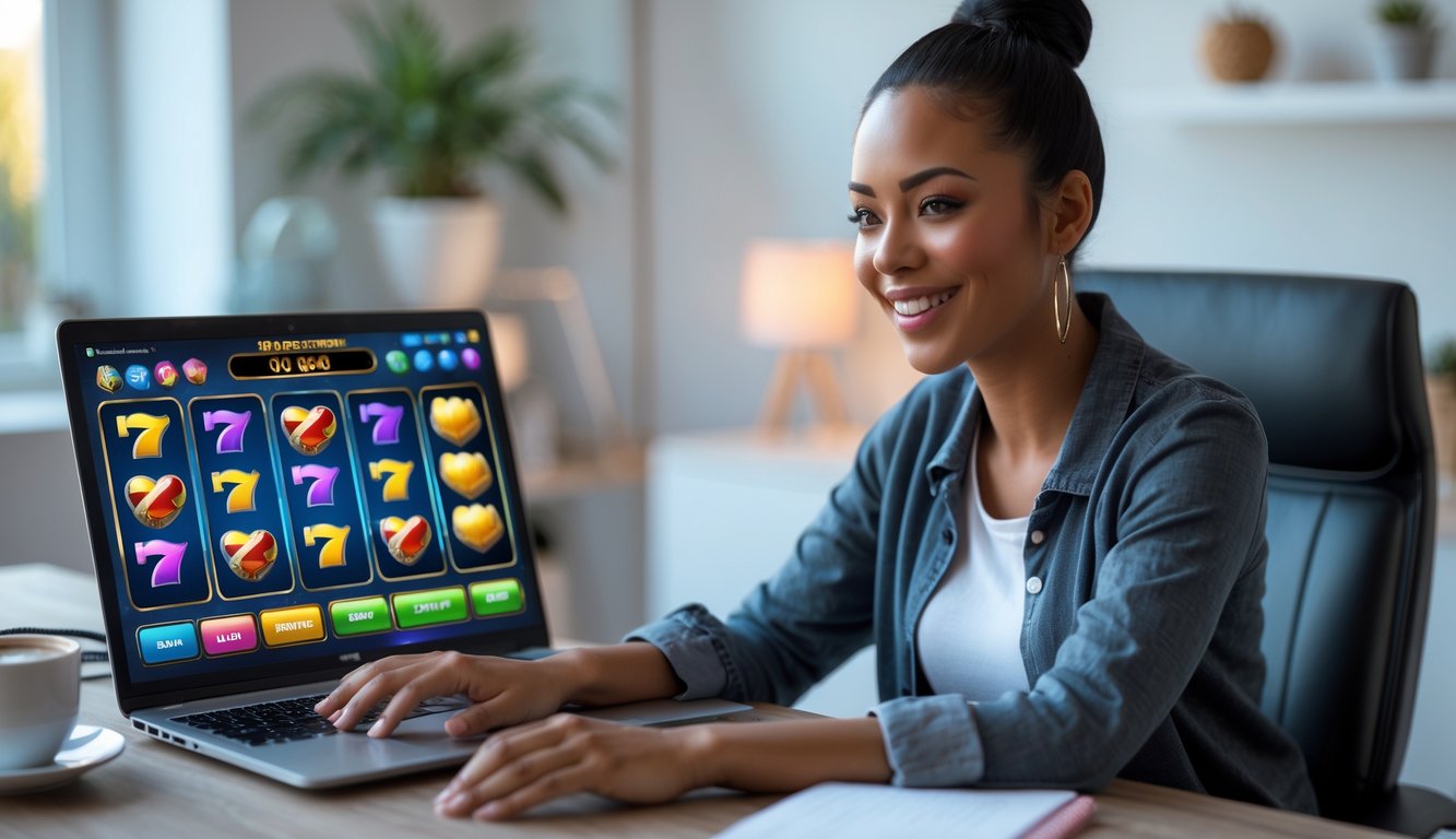 Seorang pemula yang percaya diri sedang bermain permainan slot online di laptop di ruang kerja rumah yang nyaman.