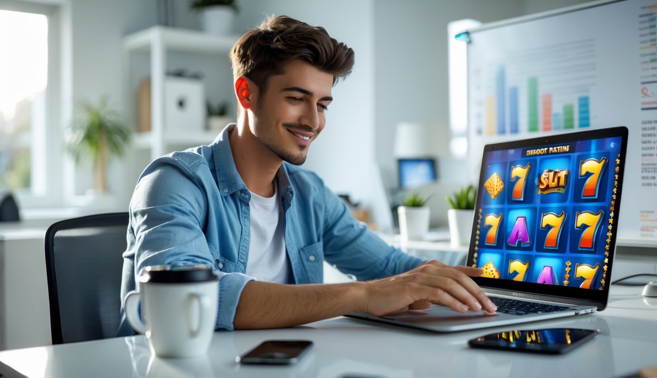 Seorang pria muda duduk di meja kerja dengan laptop yang menampilkan gambar mesin slot berwarna-warni, terlihat fokus dan percaya diri di ruang kerja yang terang dan rapi.