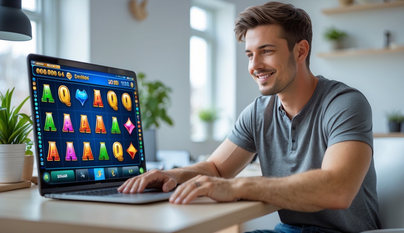 Seorang pria muda duduk di meja dengan laptop, fokus bermain permainan slot online di ruangan yang terang dan rapi.