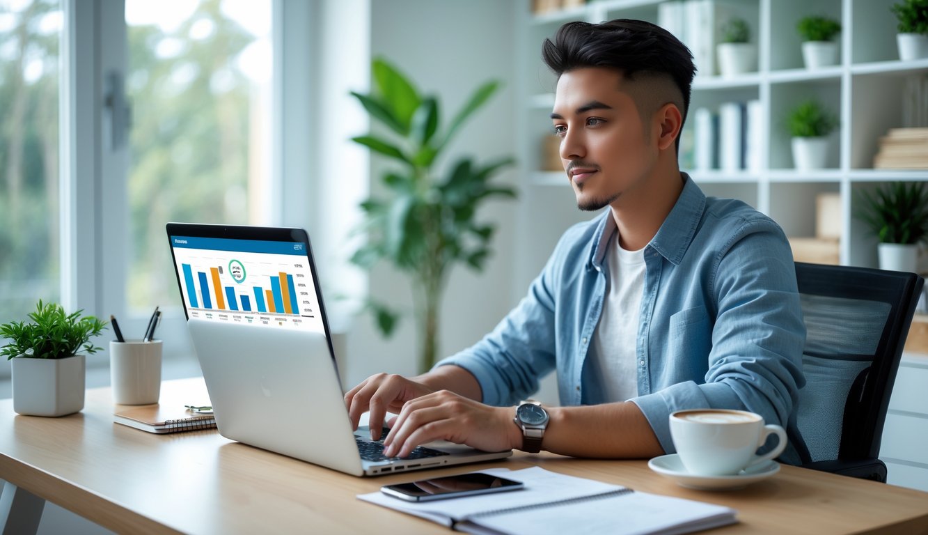 Seseorang duduk di meja kerja di rumah sambil mengelola keuangan dengan laptop dan alat tulis di sekitarnya.