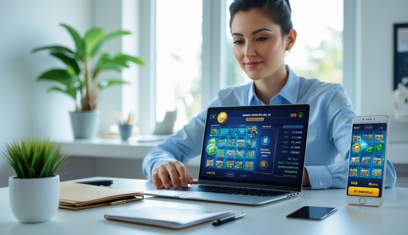 Seseorang sedang mengelola keuangan permainan slot online dengan laptop di meja kerja yang rapi.