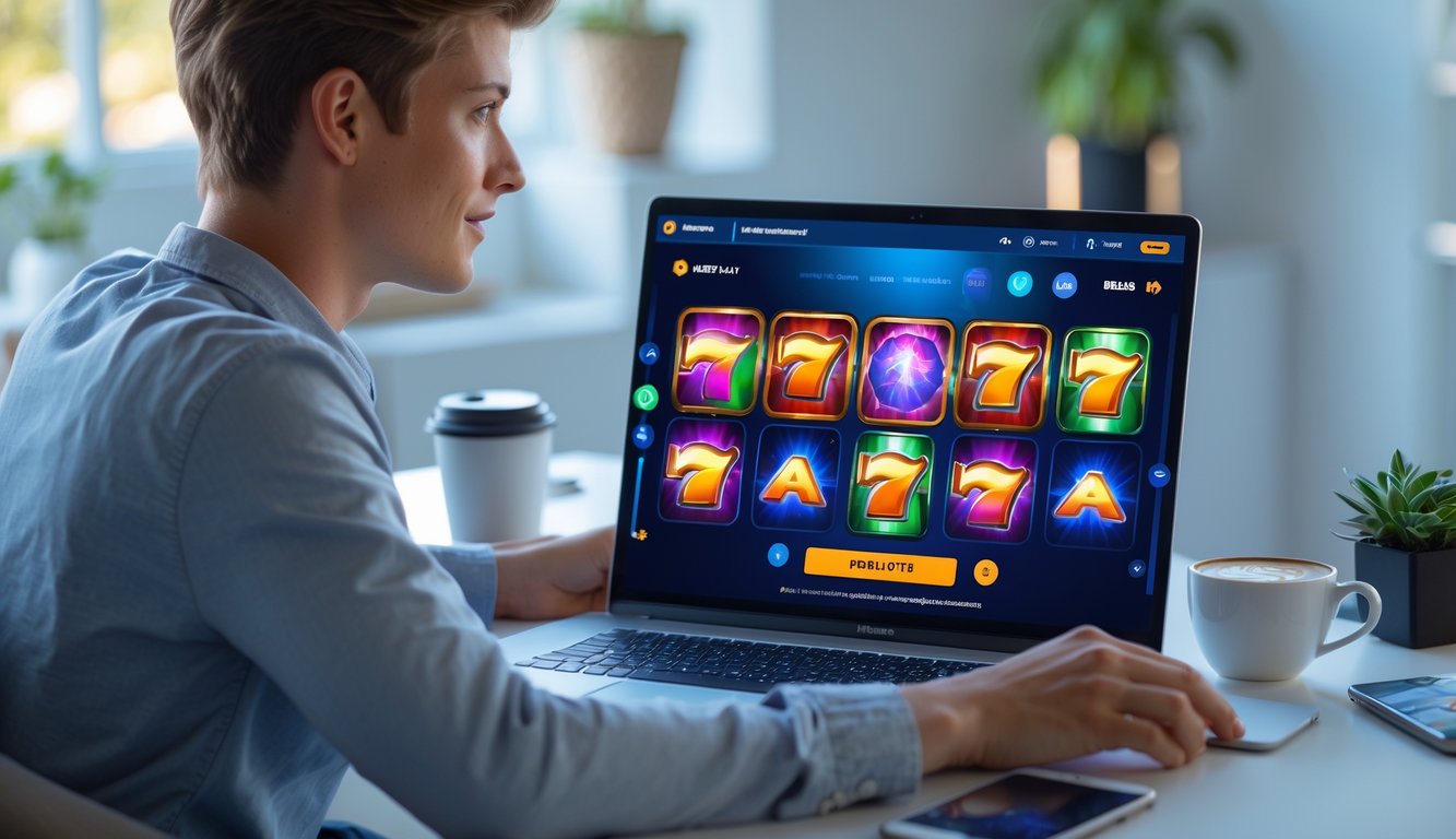Seorang dewasa muda duduk di meja kerja modern dengan laptop yang menampilkan permainan slot online yang sedang berjalan.