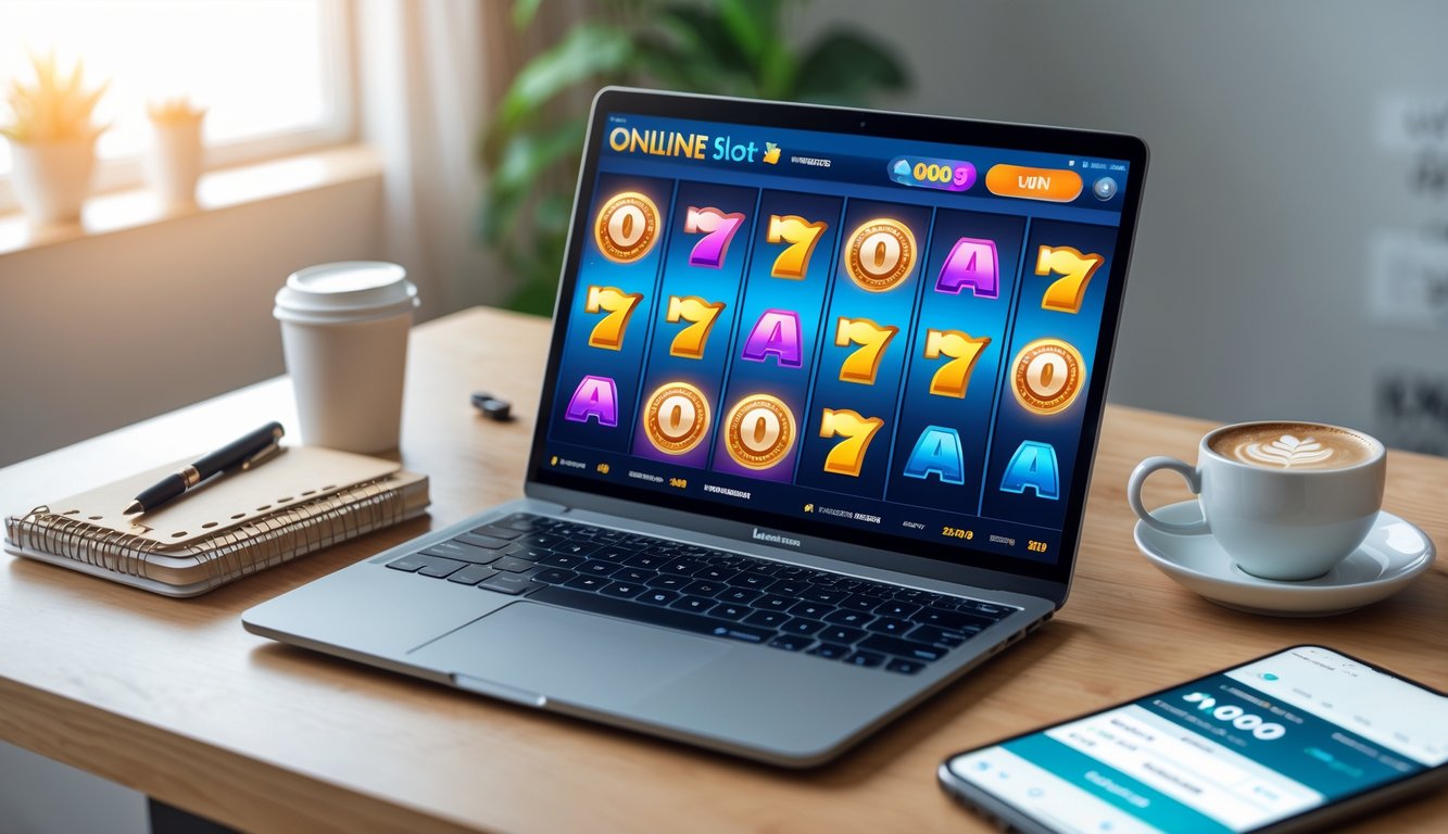 Meja kerja dengan laptop yang menampilkan permainan slot online, dilengkapi dengan buku catatan, pena, dan kopi.