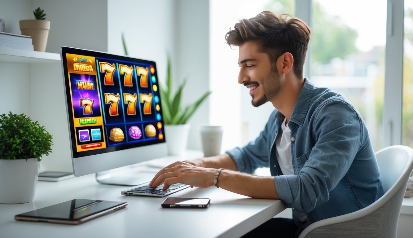 Seorang pria muda duduk di meja kerja modern sambil bermain game slot online di laptop dengan ekspresi fokus dan senang.