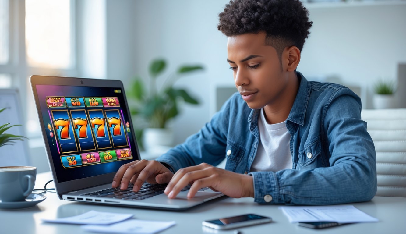 Seorang dewasa muda sedang bermain permainan slot online di laptop di meja kerja dengan suasana ruangan yang terang dan rapi.