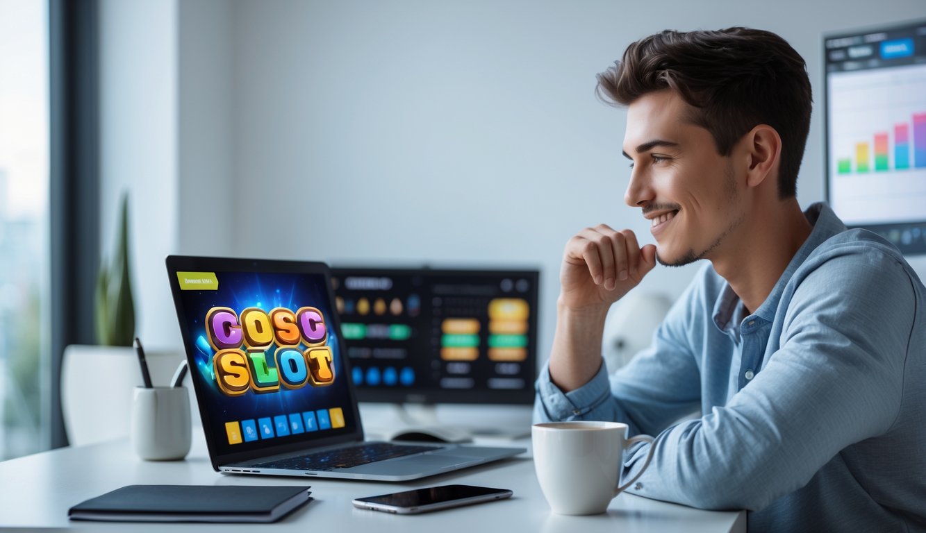 Seorang dewasa muda duduk di meja dengan laptop menampilkan permainan slot online, terlihat fokus dan tersenyum di ruang kerja yang terang.
