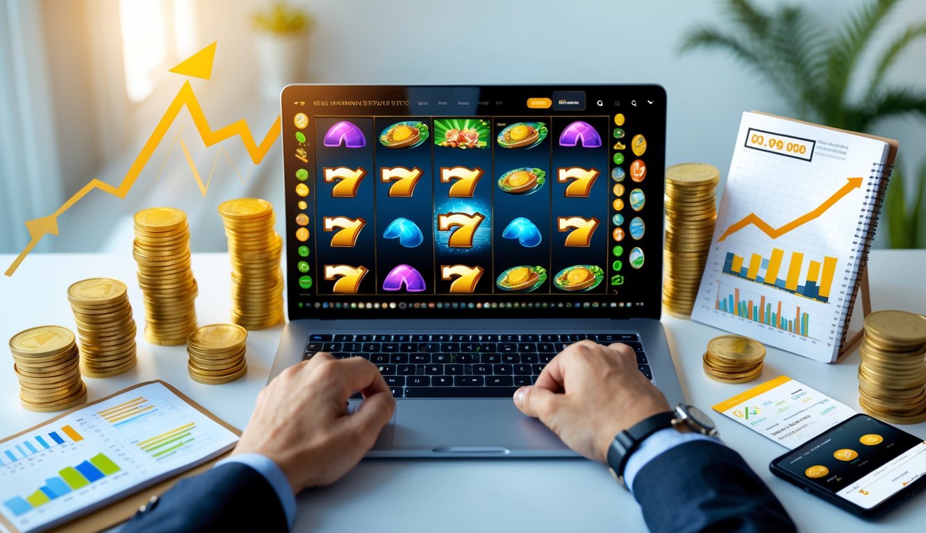 Seseorang sedang menggunakan laptop dengan tampilan permainan mesin slot online dan catatan strategi di meja kerja.