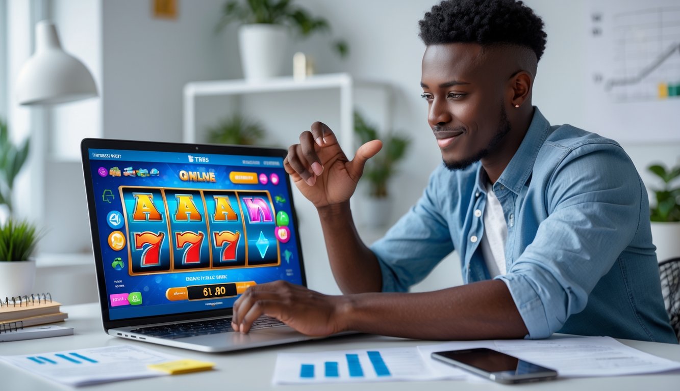 Seseorang duduk di depan laptop yang menampilkan permainan slot online, terlihat fokus dan menganalisis pola spin dengan catatan dan ponsel di meja.
