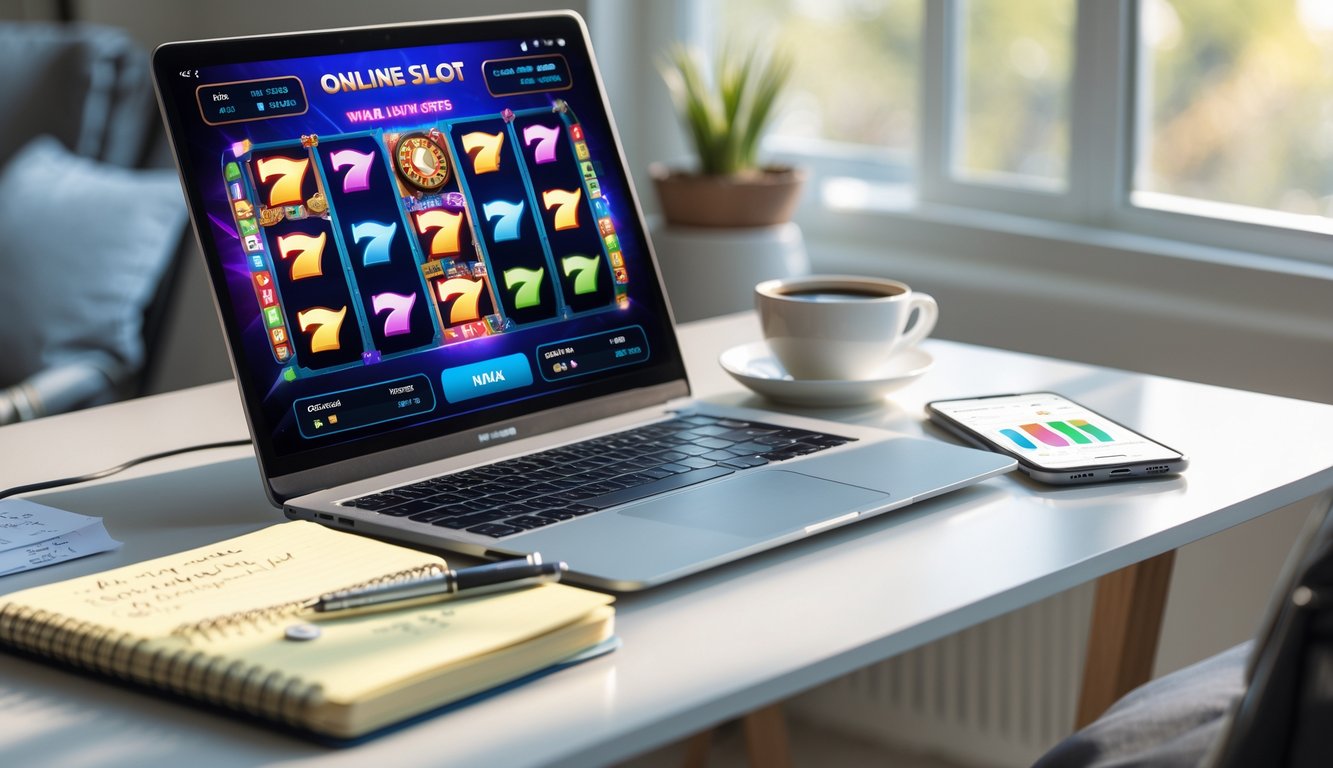 Seorang pemain duduk di meja dengan laptop menampilkan permainan slot online, buku catatan, dan ponsel dengan grafik, menunjukkan aktivitas menganalisis pola spin.