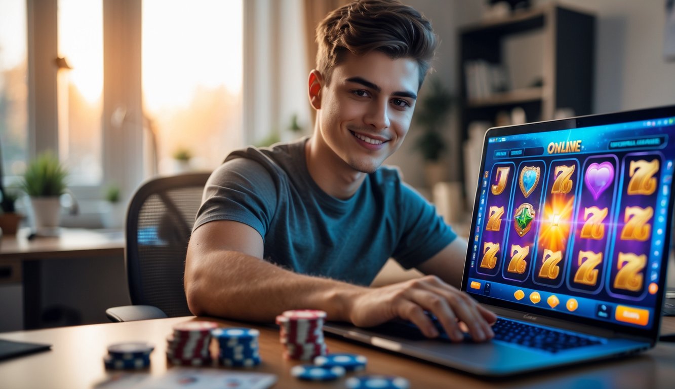 Seorang dewasa muda duduk di meja kerja modern menggunakan laptop dengan permainan slot online di layar, tersenyum percaya diri di ruang kerja rumah yang nyaman.
