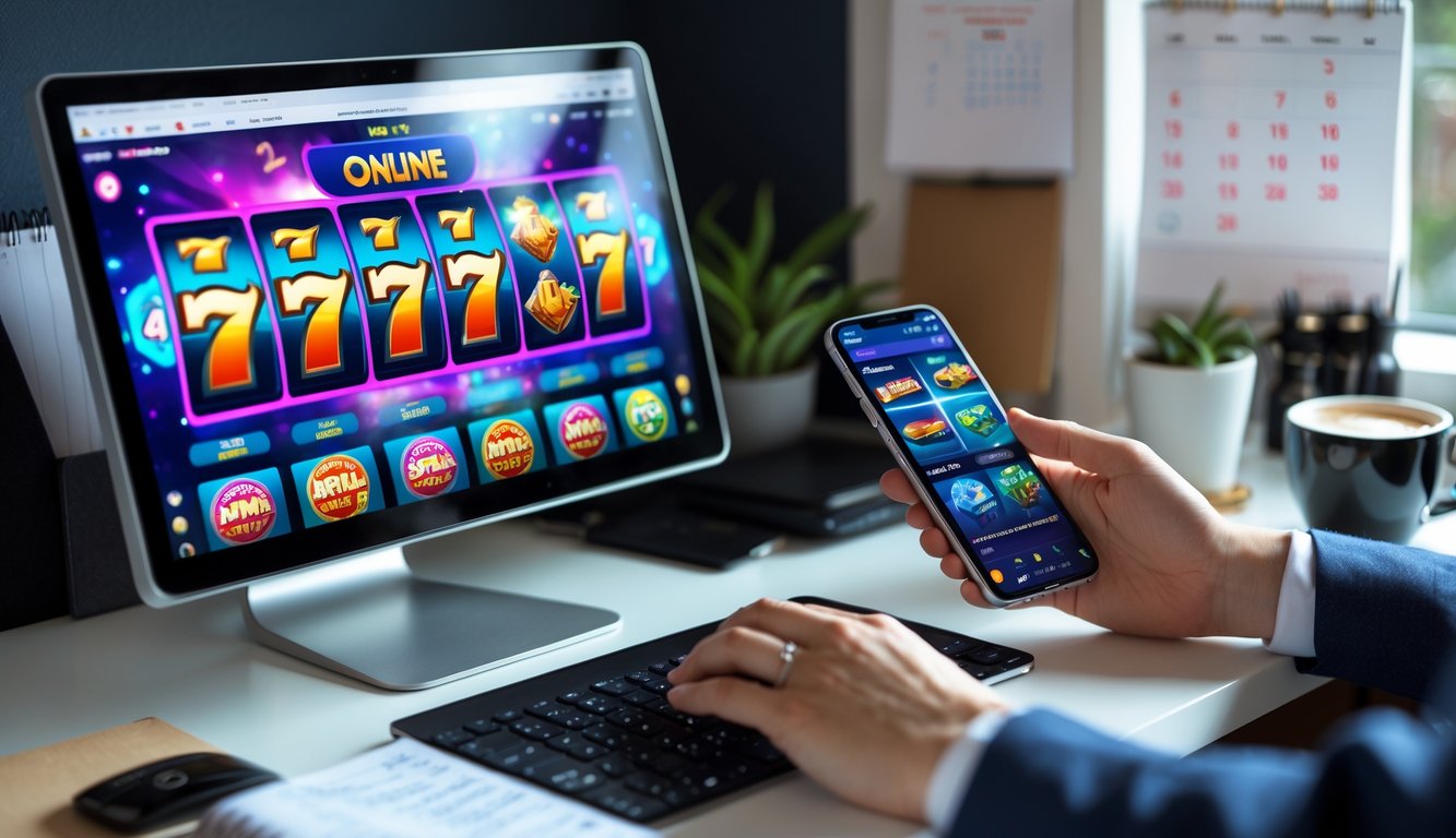 Seseorang sedang menggunakan komputer dan ponsel untuk bermain slot online di meja kerja dengan catatan dan kalender di sekitar.