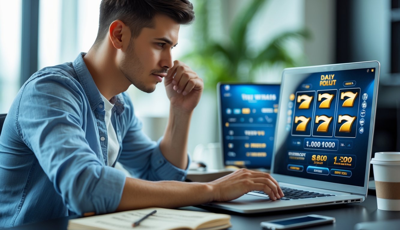 Seorang pria muda duduk di depan laptop dengan fokus memainkan permainan slot online di sebuah meja kerja modern.