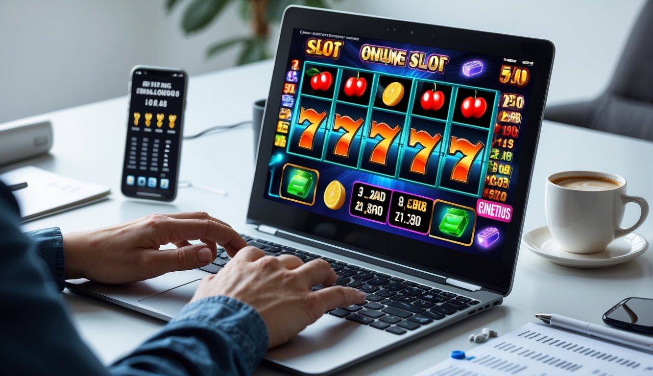 Seseorang menggunakan laptop dengan tampilan permainan slot online di meja kerja yang rapi, dikelilingi catatan dan ponsel.