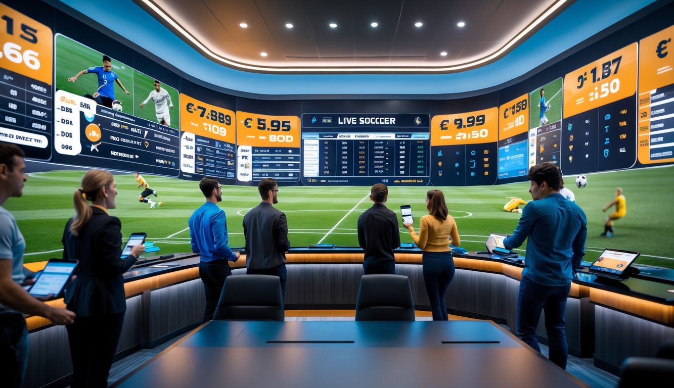 Beberapa orang menggunakan perangkat digital untuk memasang taruhan pada pertandingan sepak bola secara online di ruangan modern dengan layar besar menampilkan pertandingan dan peluang taruhan.
