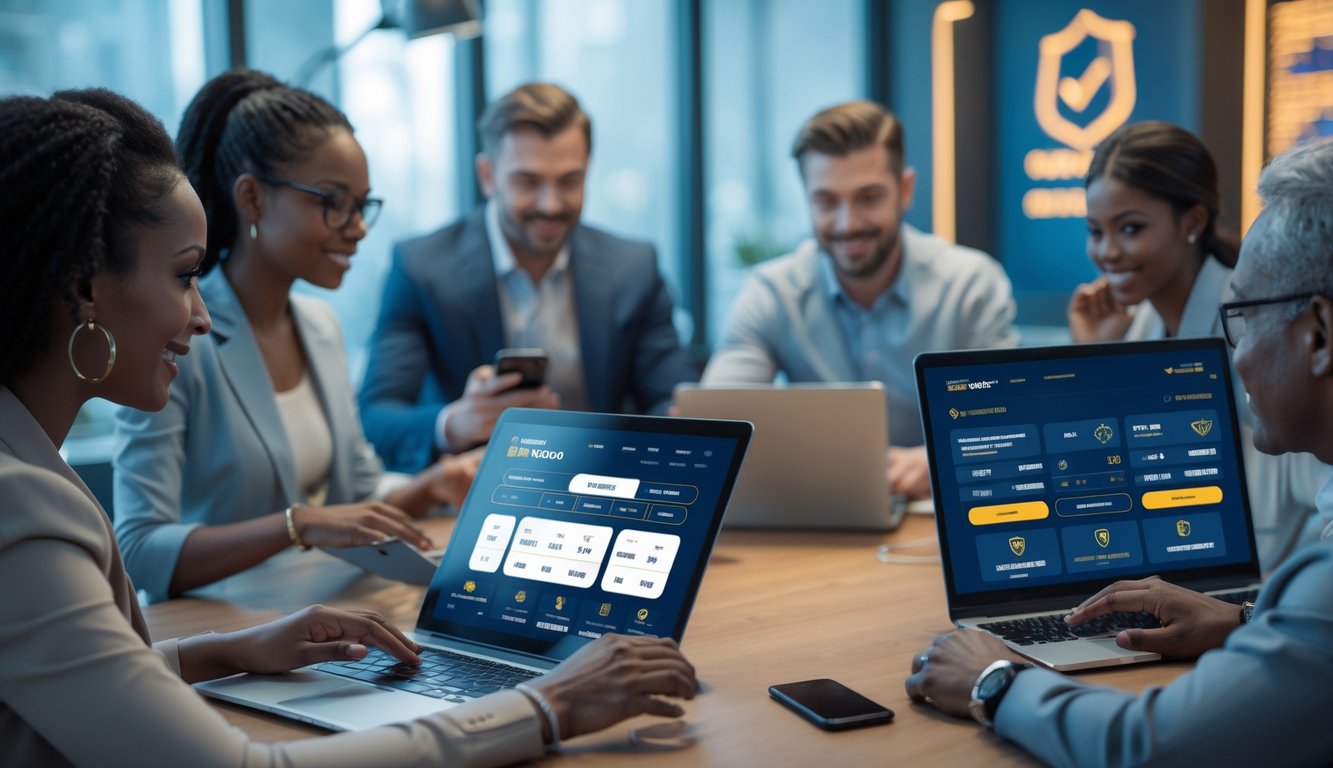 Sekelompok orang menggunakan perangkat digital untuk memasang taruhan olahraga online di lingkungan modern yang terang dan profesional.
