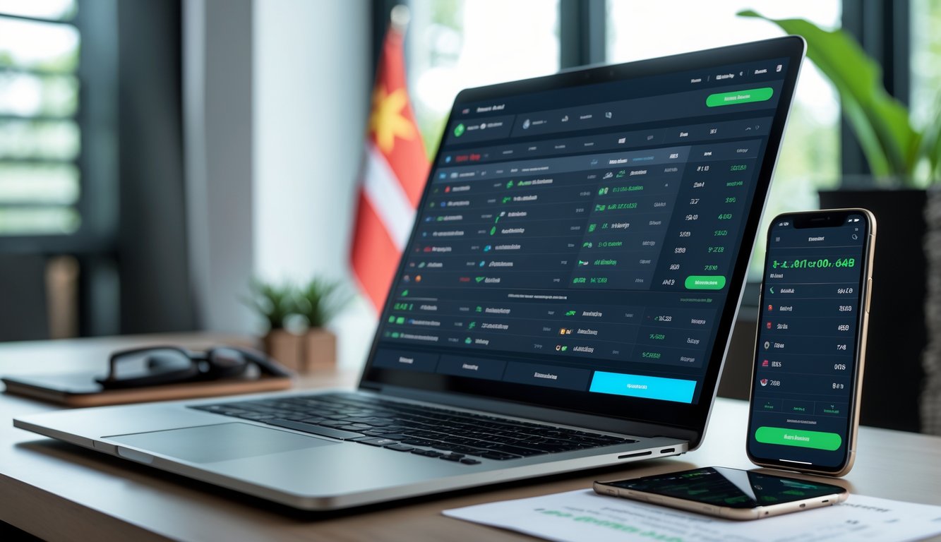 Seorang pria menggunakan laptop dan ponsel untuk memasang taruhan olahraga online di meja kerja yang rapi dengan elemen dekorasi Indonesia di latar belakang.