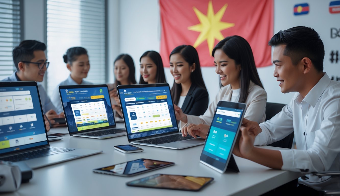 Sekelompok orang Indonesia menggunakan perangkat digital untuk taruhan olahraga dalam suasana kantor modern.