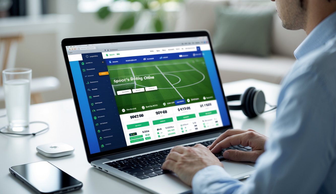 Seseorang menggunakan laptop dengan tampilan situs taruhan bola online di ruang kerja yang nyaman.