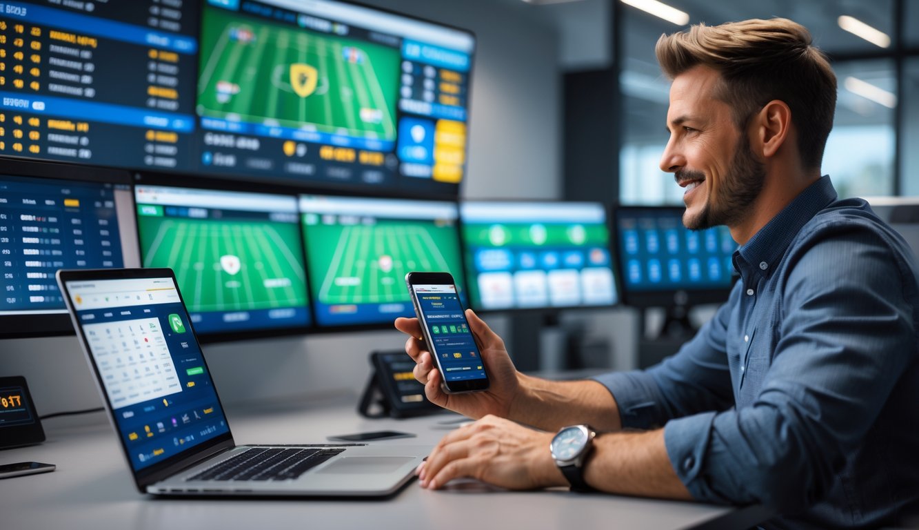Seseorang menggunakan laptop dan ponsel di ruang kantor modern dengan layar menampilkan pertandingan sepak bola dan peluang taruhan secara real-time.